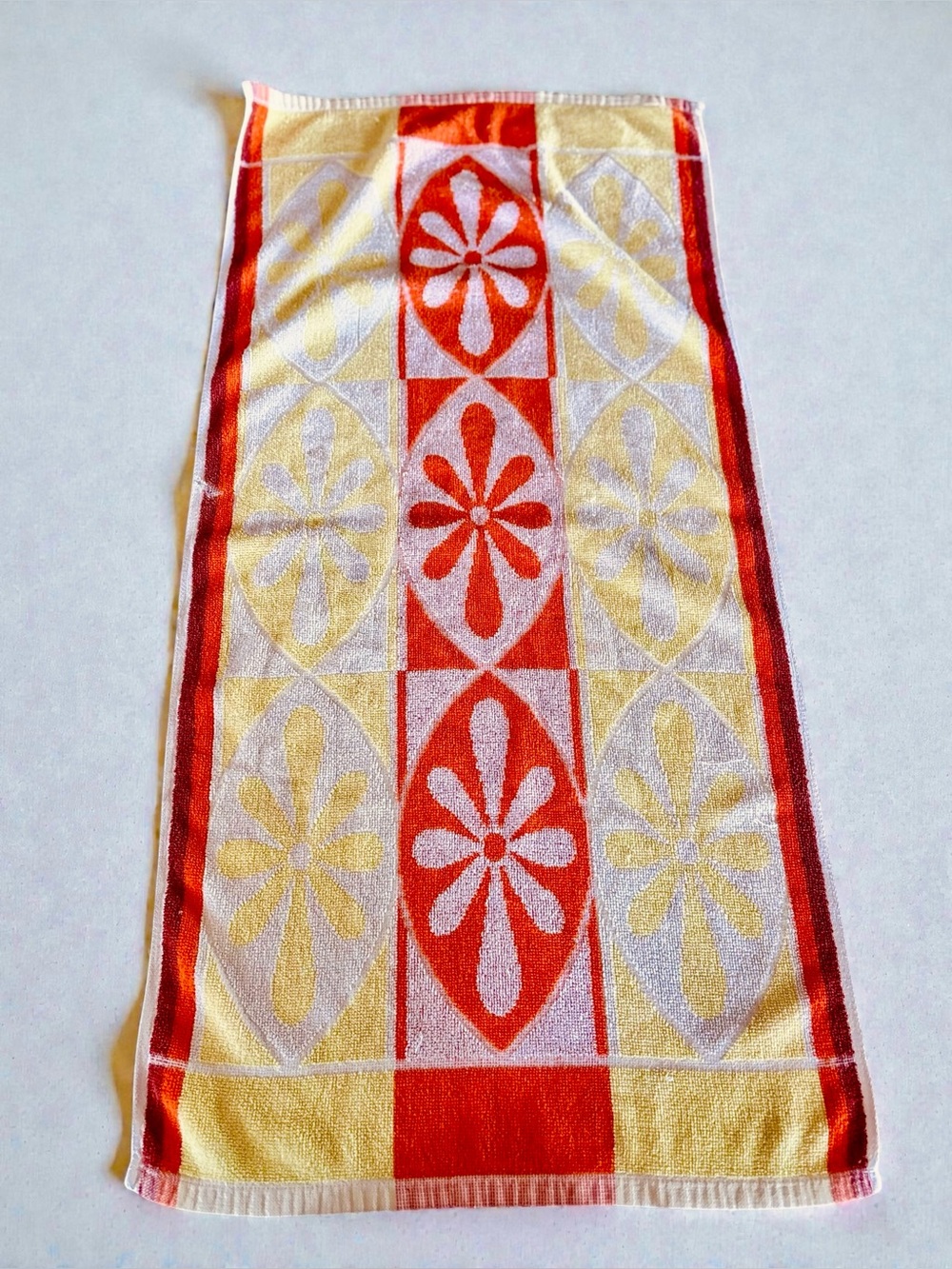 Vintage 70s Floral Hand Towel Orange Mod Cotton Bath Decor